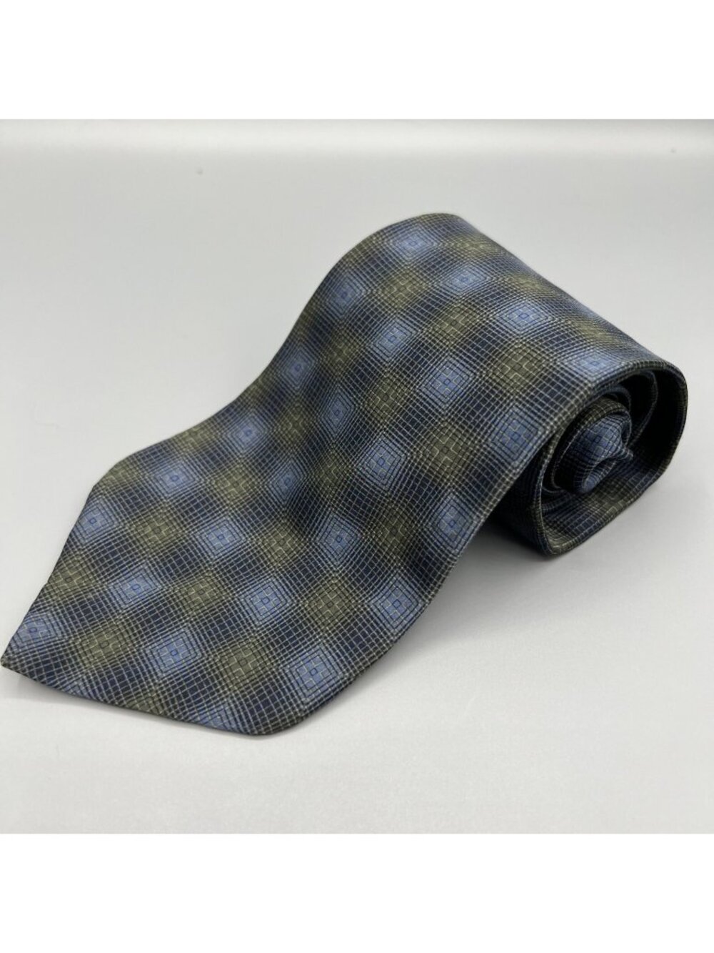 VTG Bill Blass Black Label Blue & Olive Geometric Pattern Luxury Silk Necktie